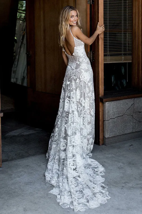A-Line Spaghetti Straps Court Train Ivory Backless Lace Wedding Dress AHC591
